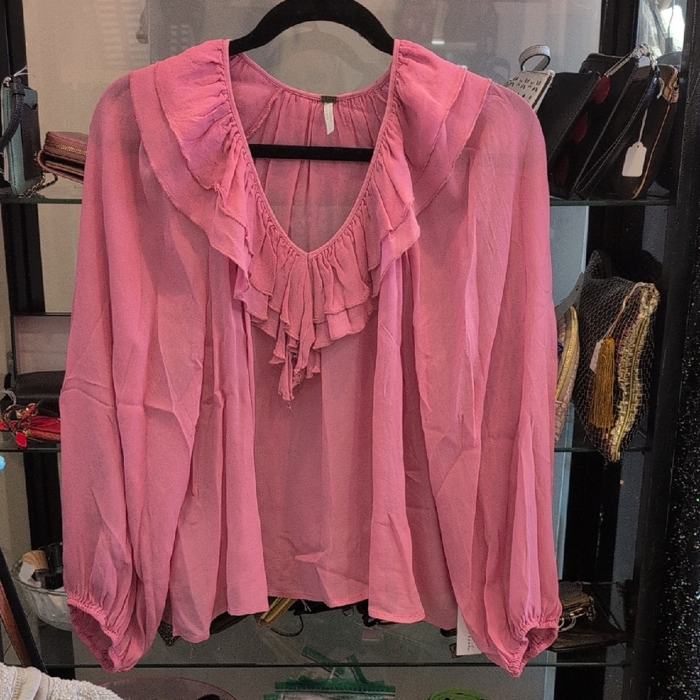 Ruffled V-Neck Long-Sleeve Blouse — Pink